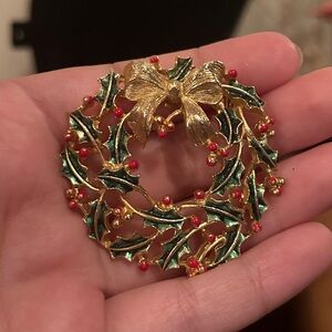 Elegant Gold and Green Holly Wreath Brooch